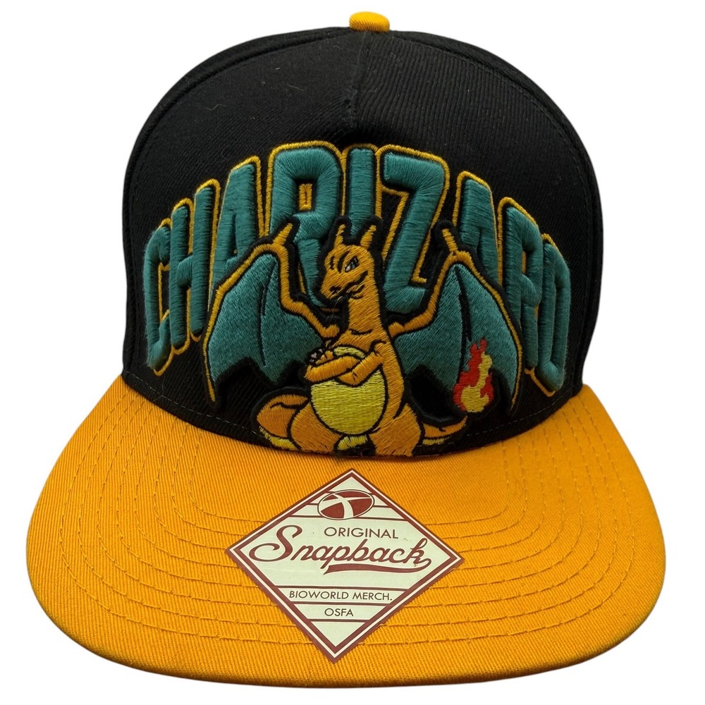 Pokemon Charizard Bioworld Snapback Hat Black Yellow Embroidered Anime Cap OSFA